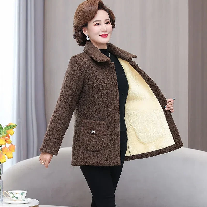 Mid-Elderly Women's Clothing Thick Imitation Lamb Fur Coat Mother's Jackets Autumn Winter Coat Granular Cashmere Short Outerwear