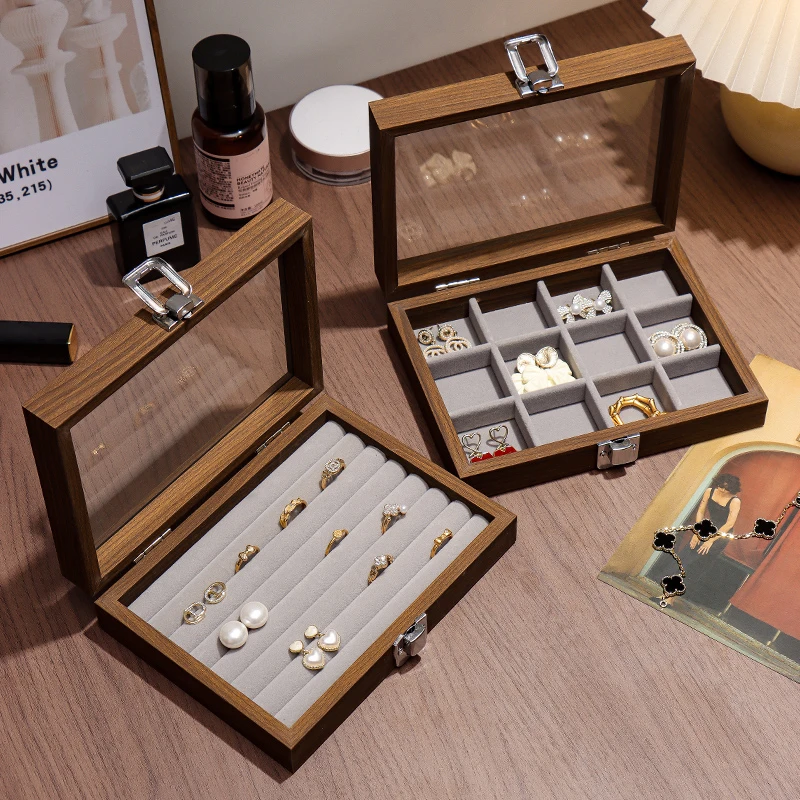 クルミ材のジュエリーボックス。精巧な木製の指輪箱、イヤリング、スタッド、ネックレス、小物用の多層収納ボックス。
