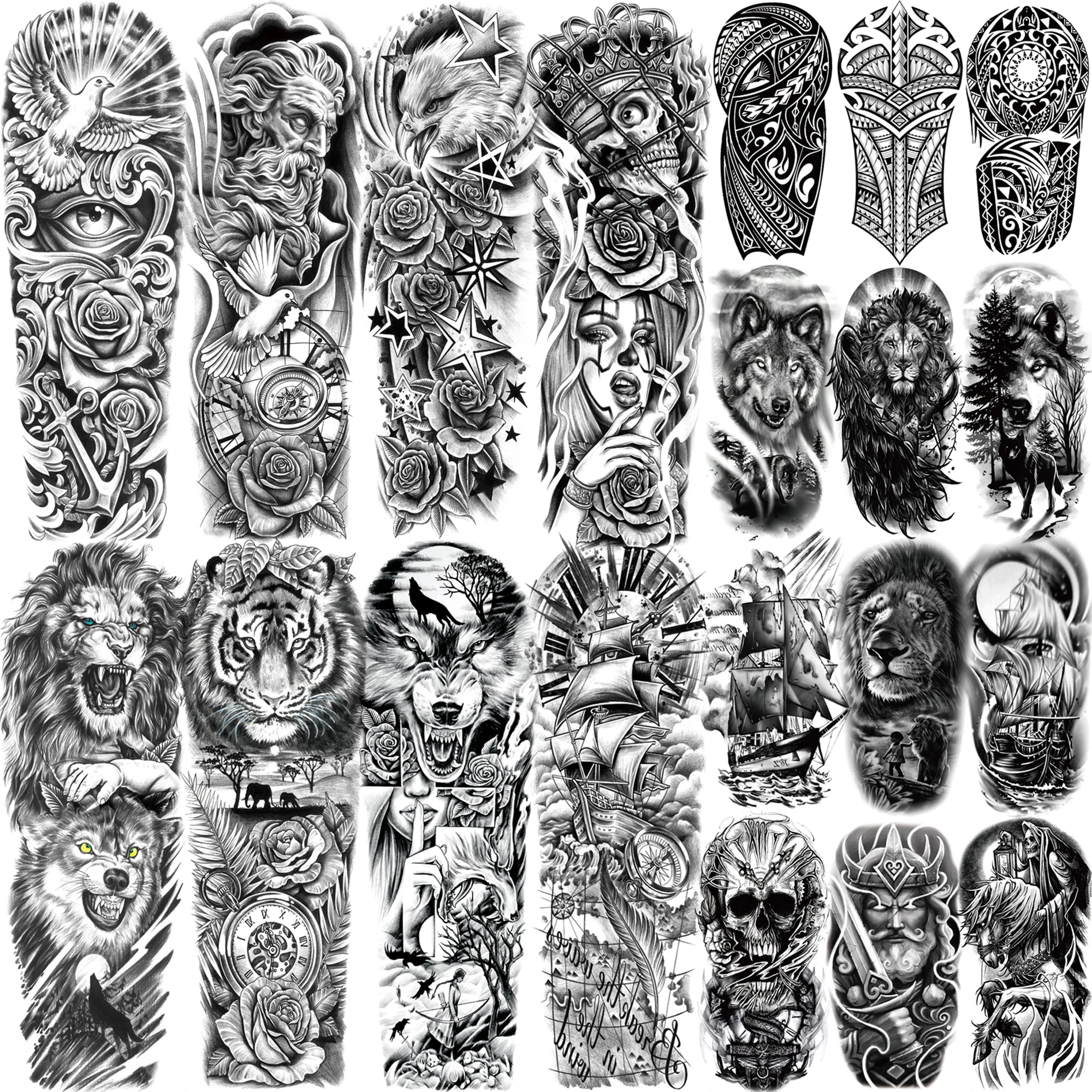 1 Sheet Full Sleeve Temporary Tattoo For Women Men Adult Tiger Lion Wolf Death Skull Large Size Tattoo Sticker God Zeus Body Art