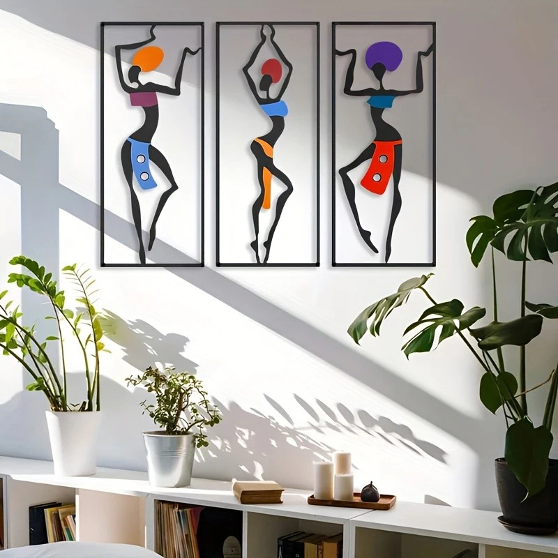 2D 3pcs Modern African Woman Wall Art Sculpture - Abstract Ethnic Dance Statues, Iron Wall-Mountable Indoor/Outdoor Decor