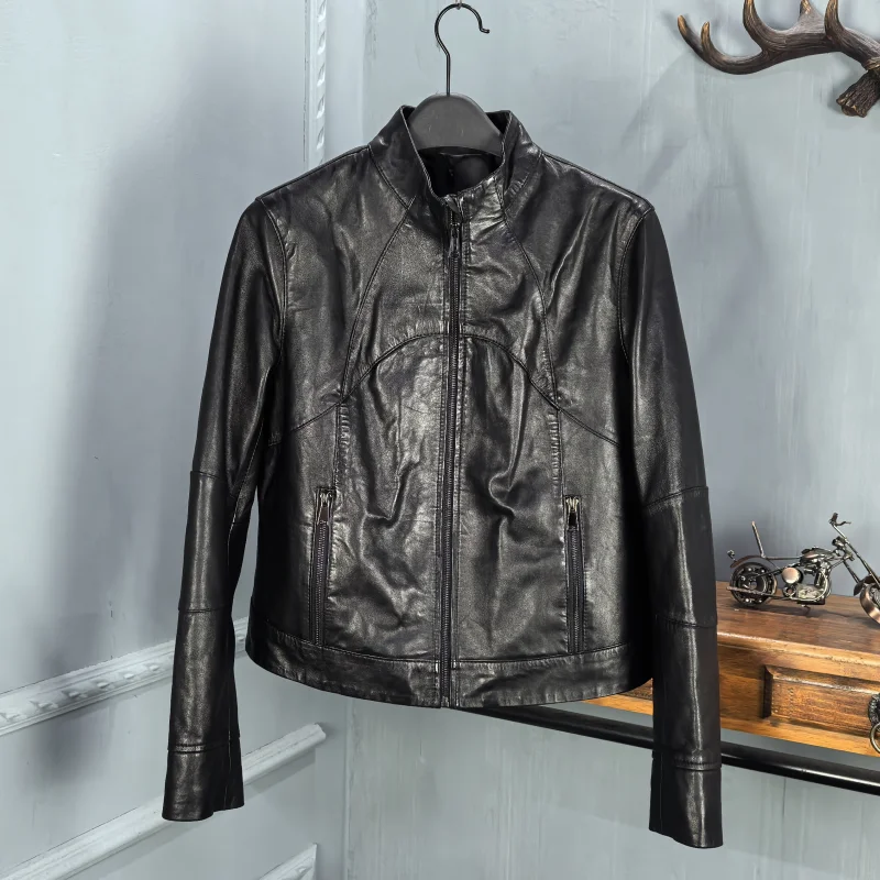 Faionable Slim Fit Motorrad Ort Jaet Damen Leder Eapenfell Mantel Stehkragen Reißverschluss Pendeln Sle 2025, Au...