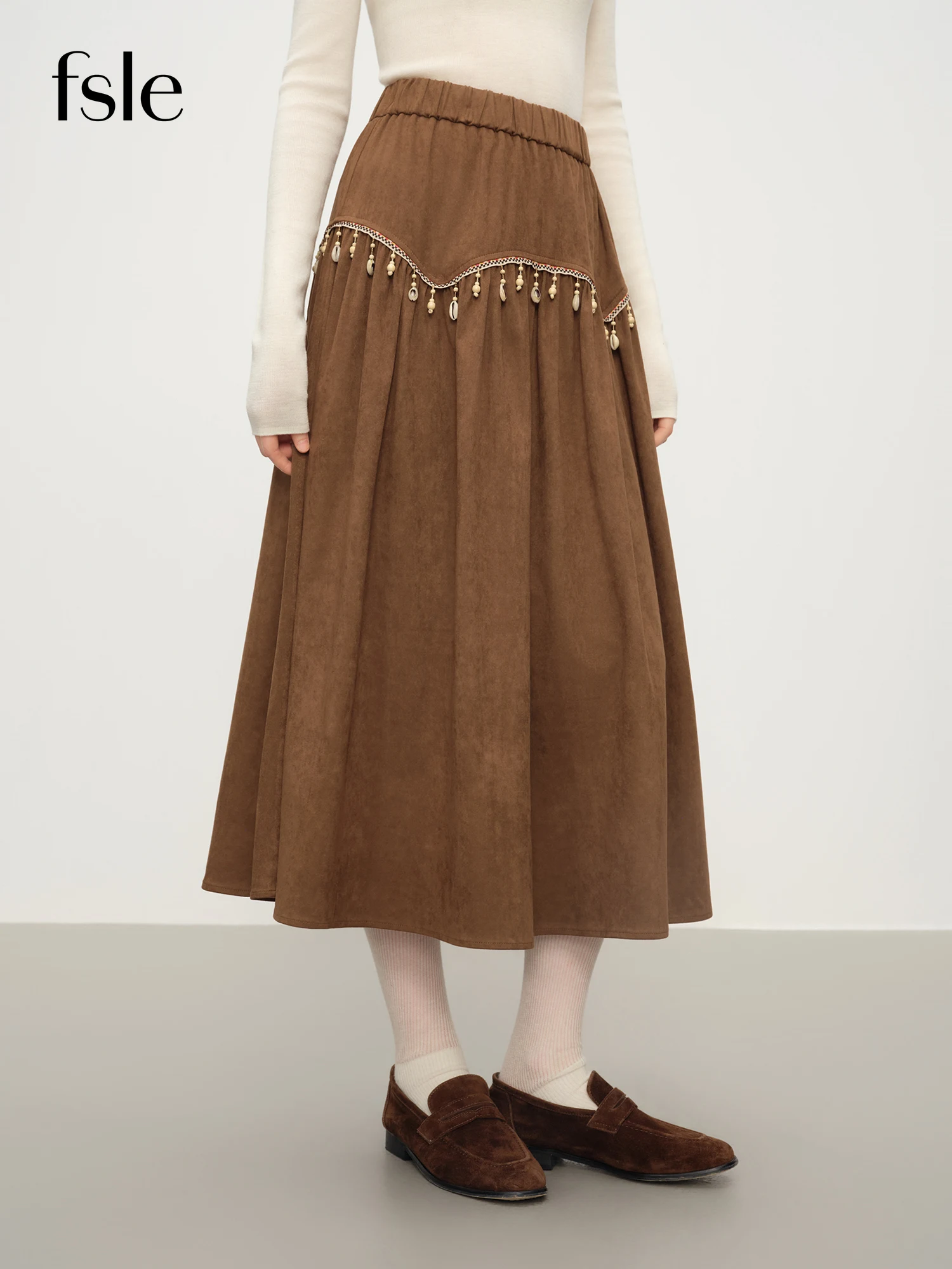 FSLE Retro Suede Shell Tassel A-line Skirt Women's Winter Midi 2025 New Exquisite Skirt Elastic Waist Temperament