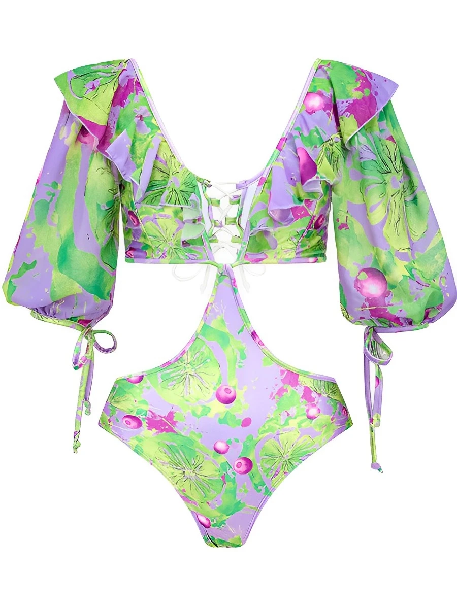 2026 V Neck Hollow Out Print Swimsuit Women One Piece Swimwear Female Beachwear Bathers Bathing Swimming Swim Suit