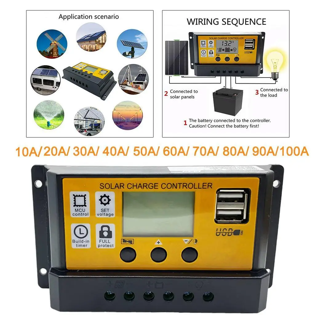 10-100A MPPT Solar Panel Battery Controller Adjustable Dual USB Port