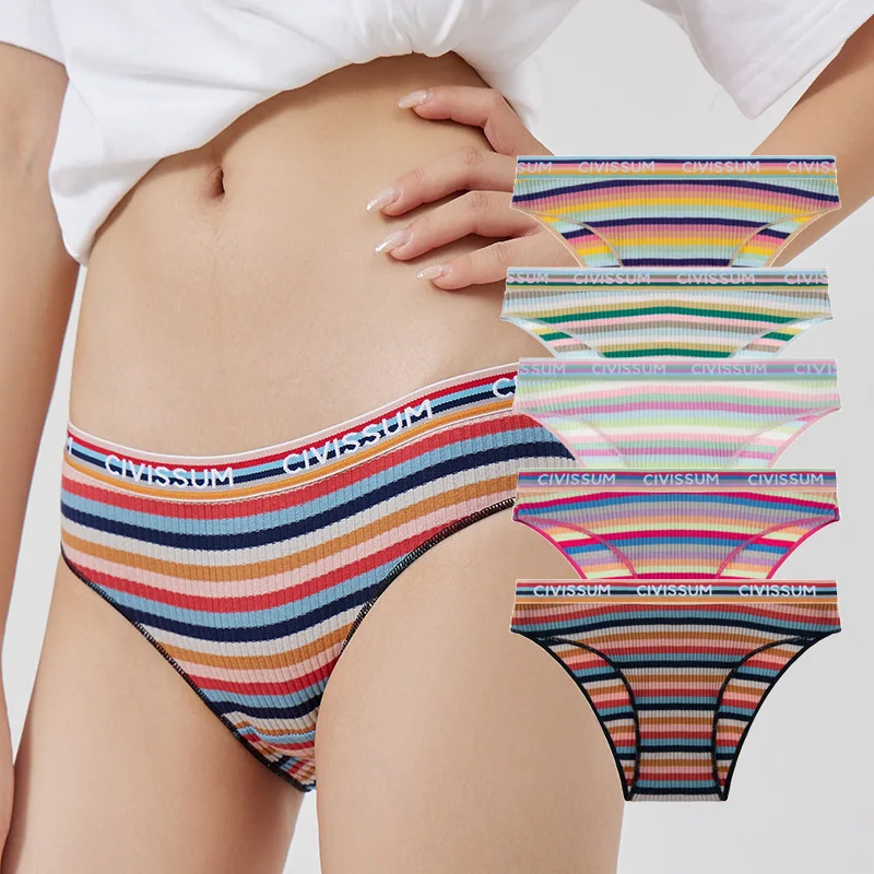 3PCS/Set Women 95% Cotton Panties Female Low Waist Underwear Sexy Colorful Rainbow Striped Lingerie Girls Cute Comfort Briefs