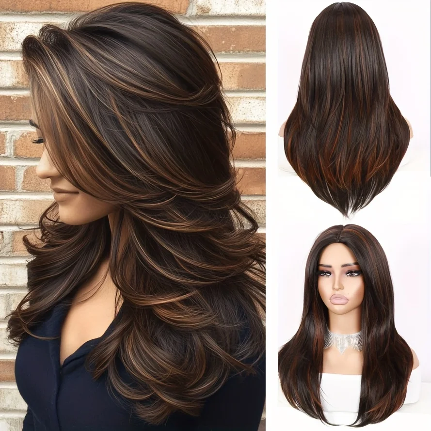 Layered Straight Hair Wig, Brown Highlights Wig, 22 Inches, Female Wolf Tail Mixed Brown Cut Wig