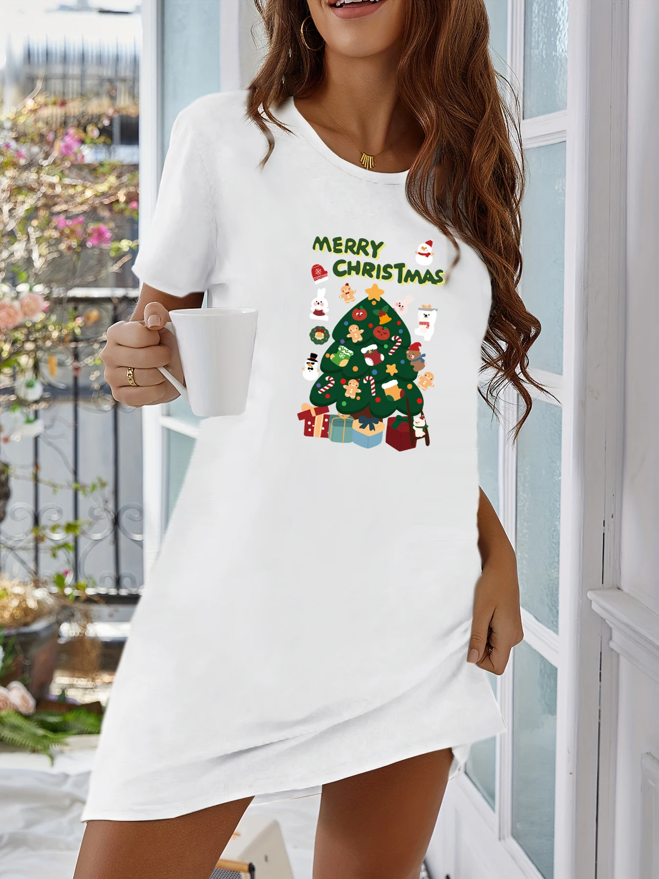 Women\'s Summer Short Sleeve Plus Size Solid Color Dress Top Nightgown Peplum Streetwear Santa Claus Christmas Tree Printed