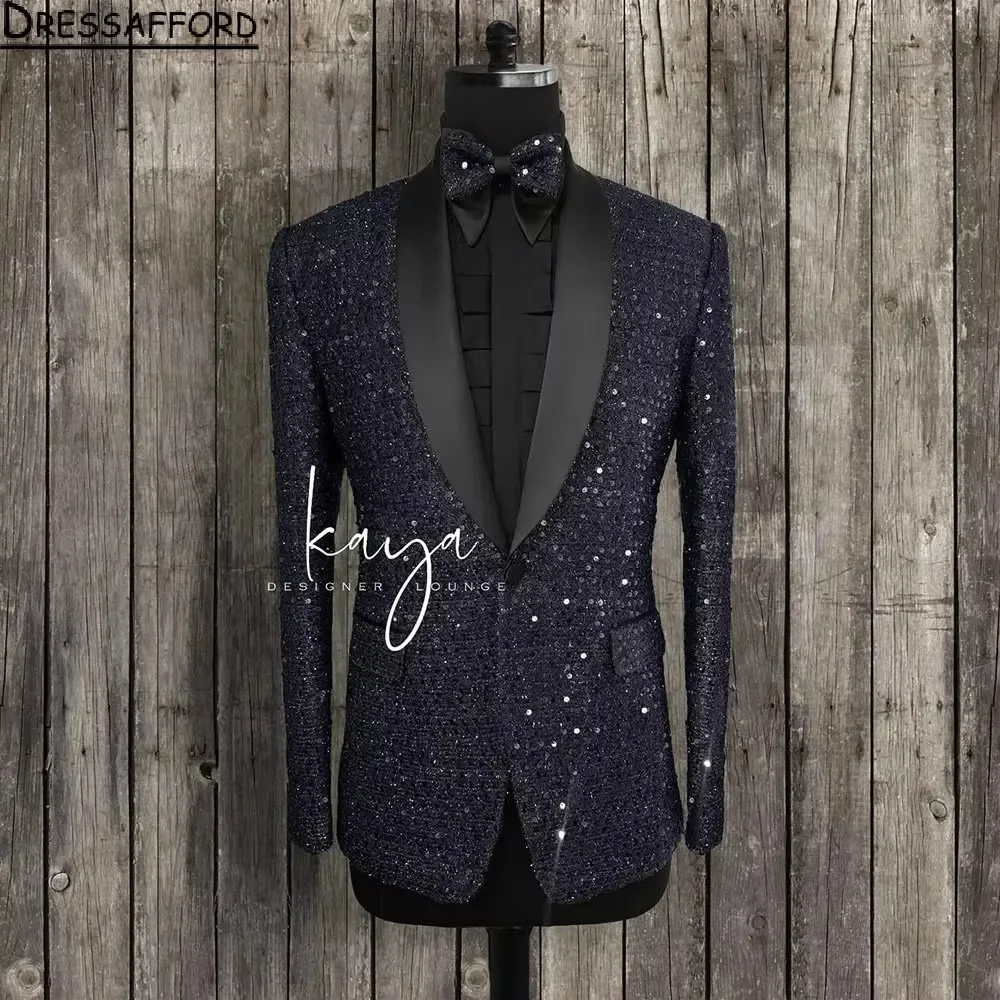 Black Sequined Men Suits Luxury Groom Wedding Tuxedos 2 Pieces Sets Dinner Prom Blazers Terno Masculino Completo