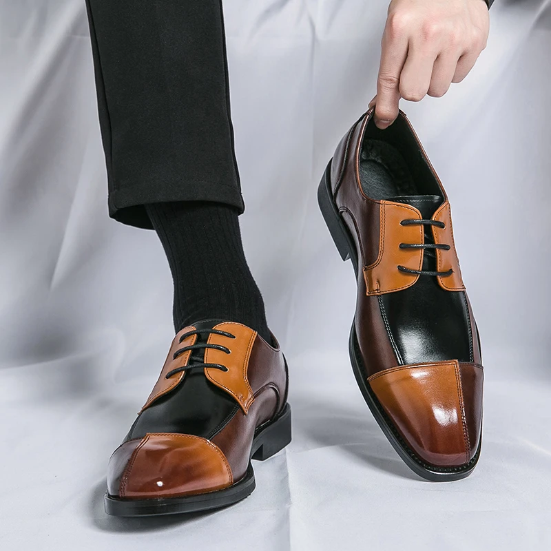 New Fashionable Derby Shoes Men Shoes Pointed Lace up Business Office Dress Shoes Black Yellow Blue Yellow Size 38-48 Men Shoes