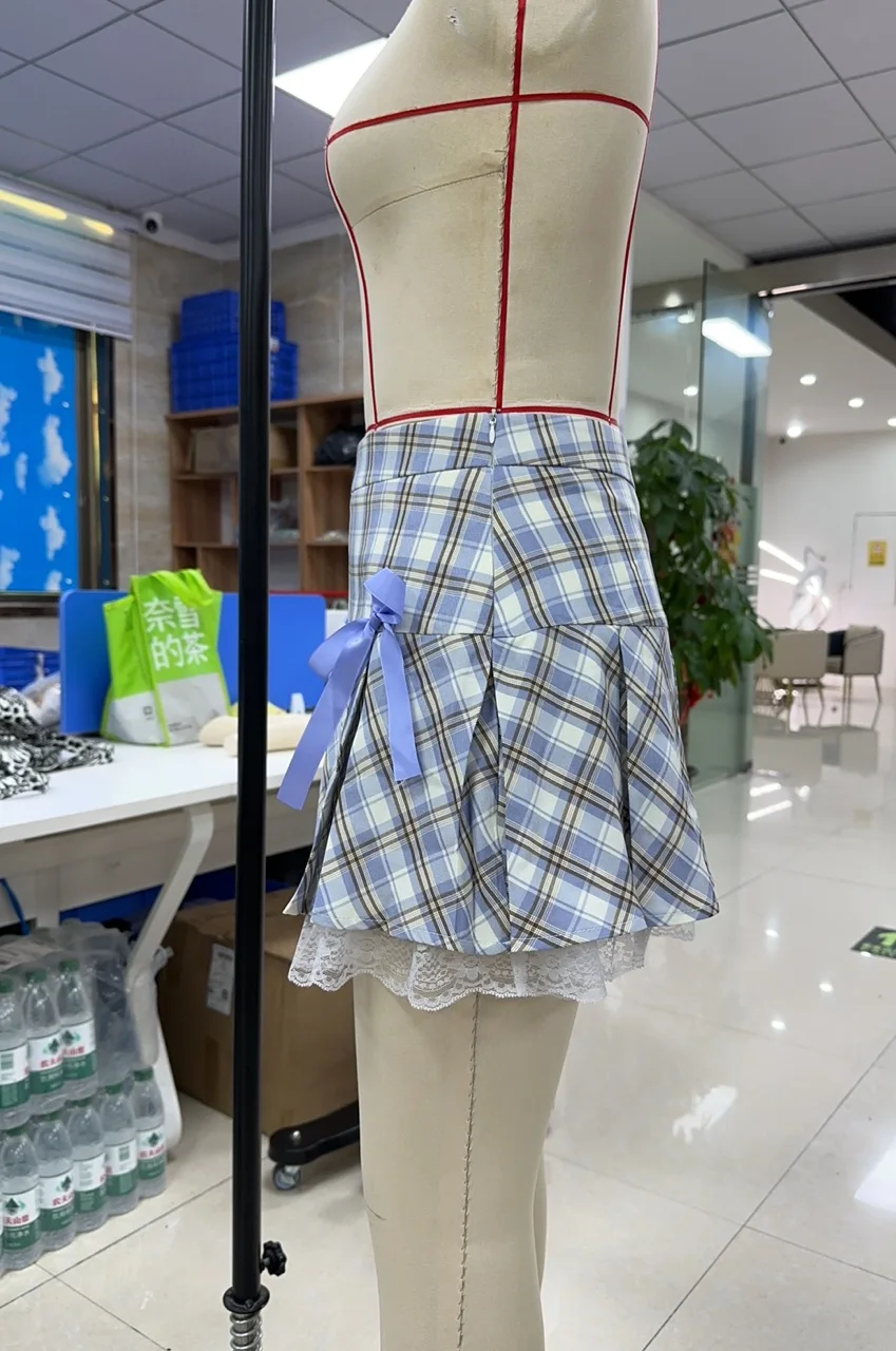 Orange Plaid Skirt With Bows And Lace Trim Large Size Women's Summer Fashion Skirts