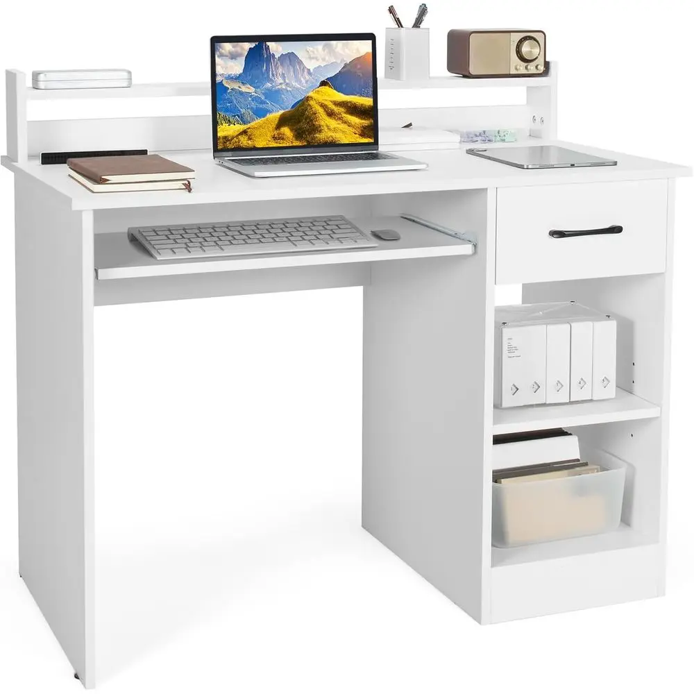 

Modern White Desk with Storage, Hutch, Adjustable Shelves, Keyboard Tray for Home Office, Bedroom, Living Room, Easy Assembly