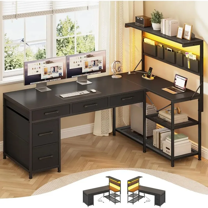 L Shaped Gaming Desk with 5 Drawers and Storage Shelves, Reversible Computer Desk with Bookshelf for Home Office