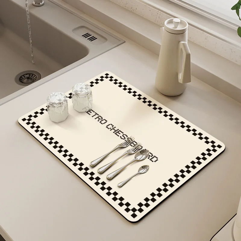 Retro checkerboard kitchen countertop drain pad soft diatom mud tabletop tableware coaster hand washing table non-slip pad