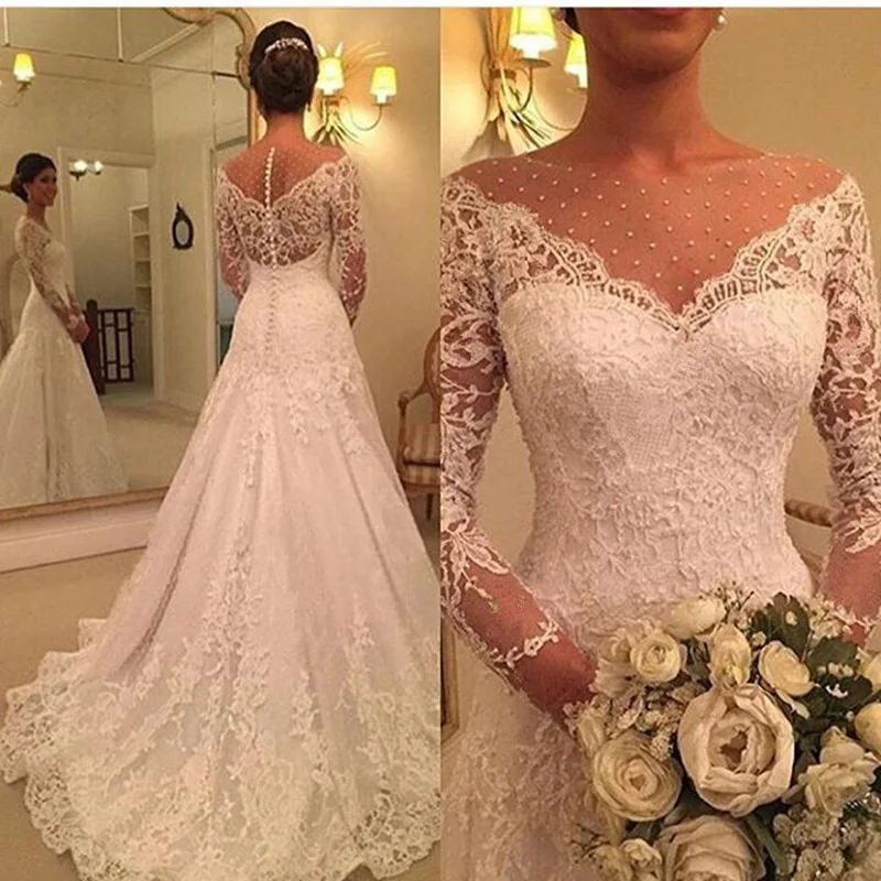 

GUXQD O Neck Mermaid Wedding Dresses Long Sleeves Lace Court Train Bridal Gowns Pearls robe de mariée Vestido De Noiva