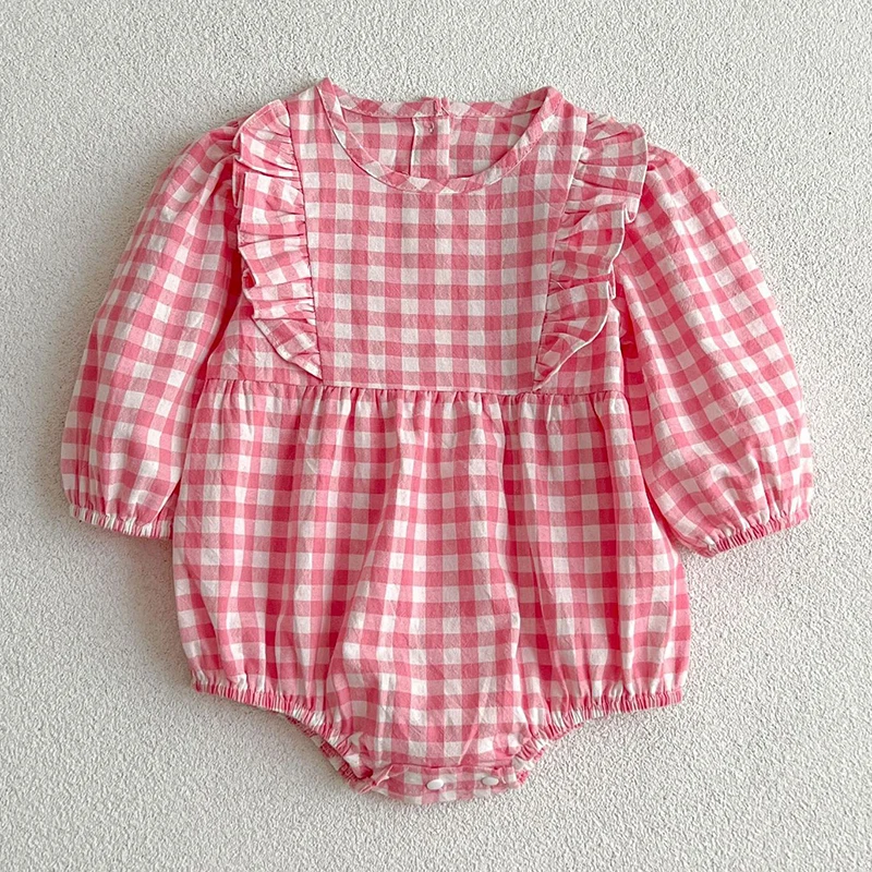 New Infant Kids Baby Girls Boys Long Sleeve Sweet Grid Jumpsuit Spring Autumn Newborn Baby Girls Boys Clothes Rompers