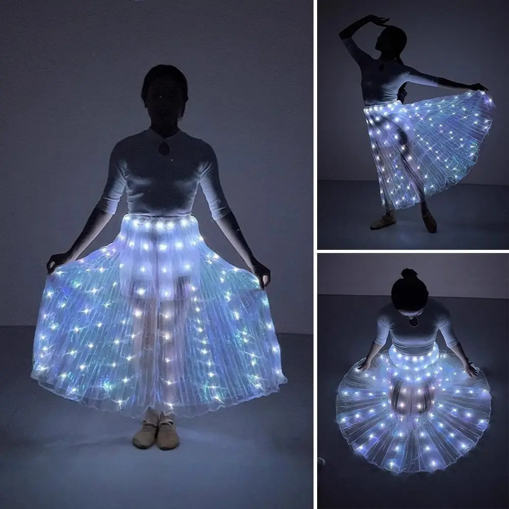 光沢のある発光LEDスカート ホワイト フェスティバル ベリーダンススカート パーティー 蛍光ショー ライトアップスカート 大人用