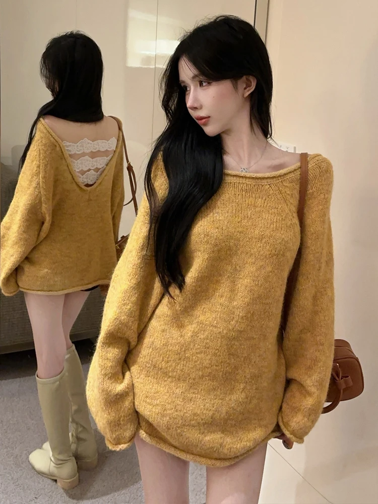 

Lace Insert Loose Fit Knit Sweater Overhead Mid-Length Women's Faion Sweet Sle Long Sve One-oulder Warmth-Bearing Top