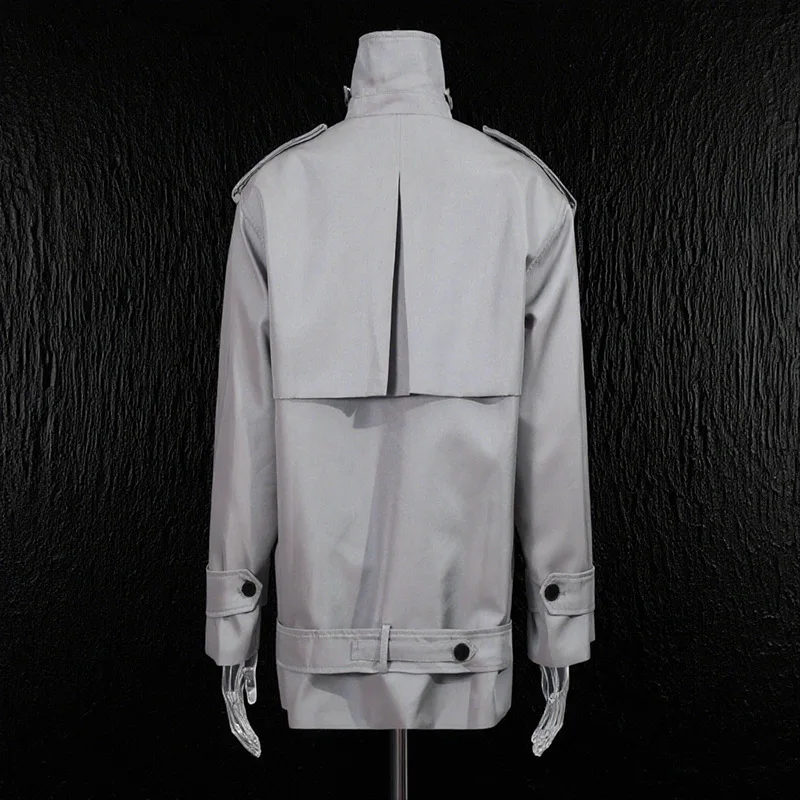 معطف واق من المطر بلون سادة على الطراز القديم للنساء جديد للخريف والشتاء، ياقة واقفة مزدوجة الصدر، خصر منخفض #2