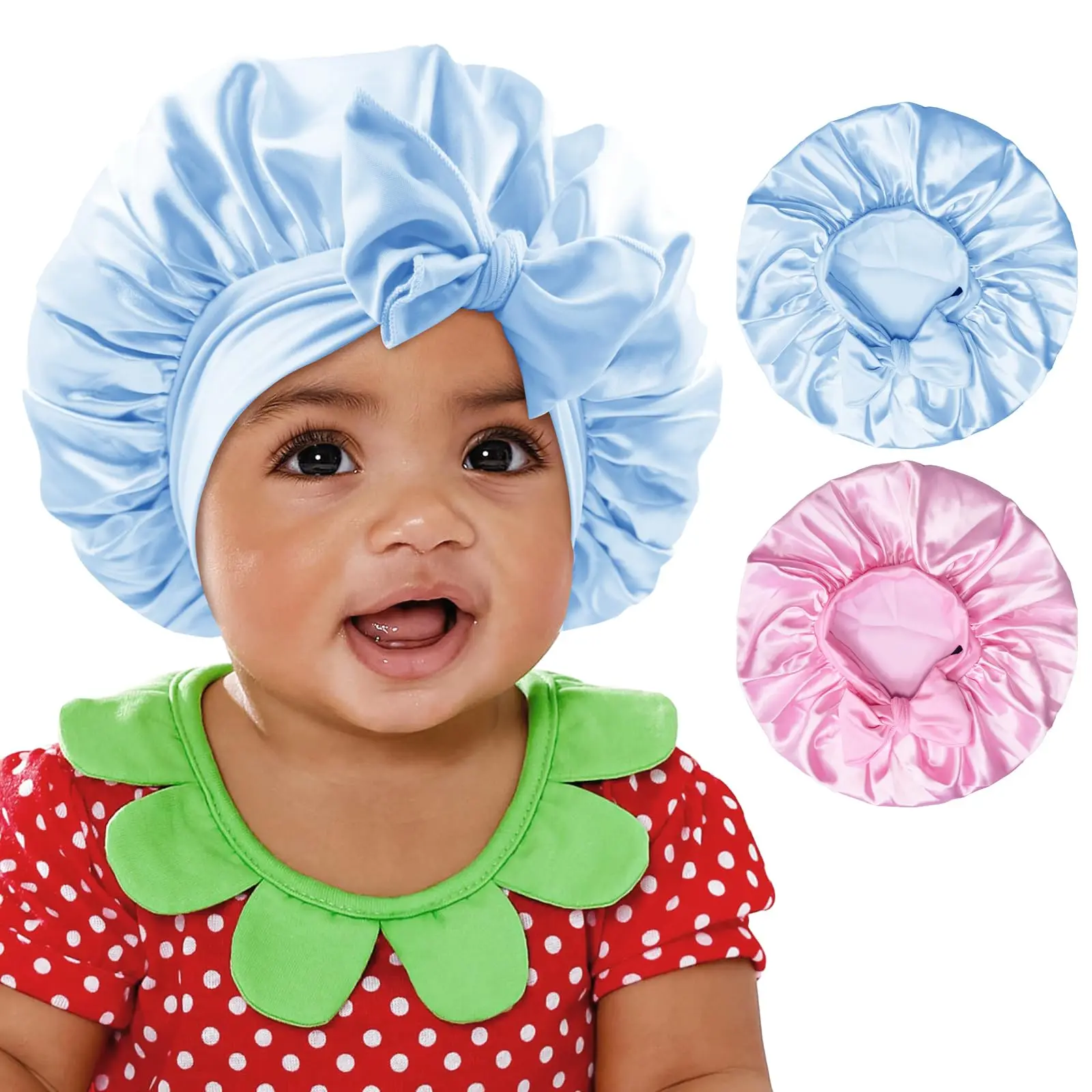 BONNET QUEEN 2Pcs Baby Bonnet Kids Satin for Girls Hair Kid Silk Sleeping Night Cap with Tie Pink Blue