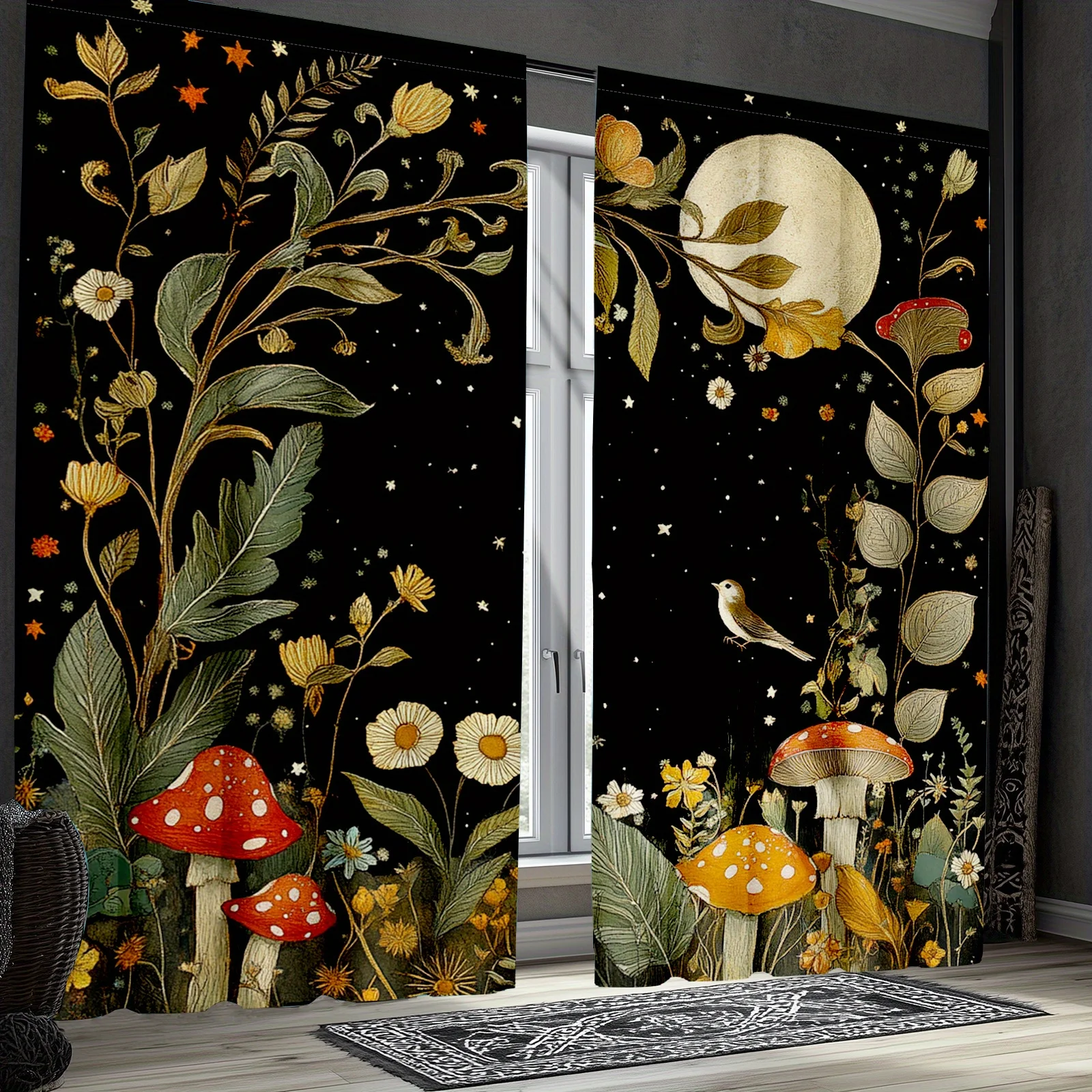 2pcs Mushroom Curtains, Black Night Boho Hippie Moon & Star Botanical Home Decor