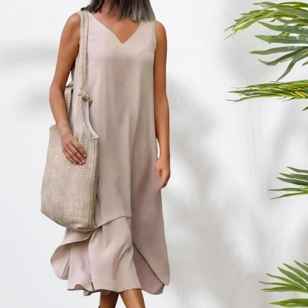 Dresses Woman Party Night V Neck Solid Color Tank Dress Cotton Linen Casual Loose Sundress Plain Long Dresses Vestidos Largos