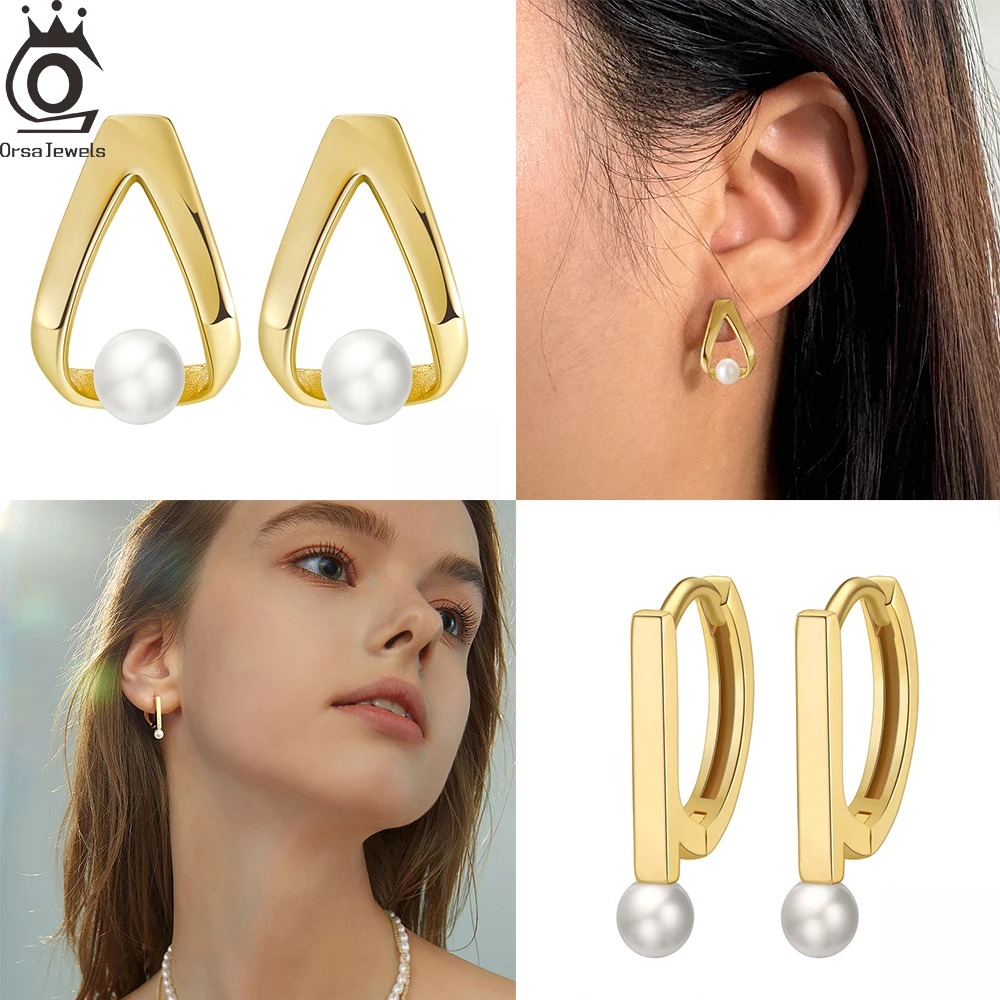 

ORSA JEWELS Vintage 14k Gold Plated Natural Freshwater Pearl Earrings Triangle Hoop Earrings With Pearls Fashion Jewelry GPE36