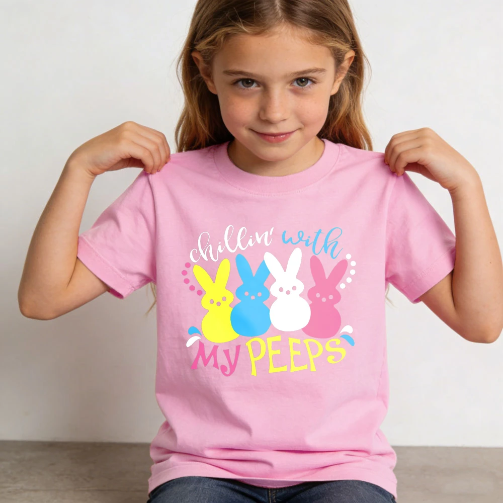 HAAPY EASTER MY PEEPS Tshirt Cute Bunny Cartoon Printed Shirt Boys and Girls Casual Holiday T-shirt Easter Friends Gift Tops