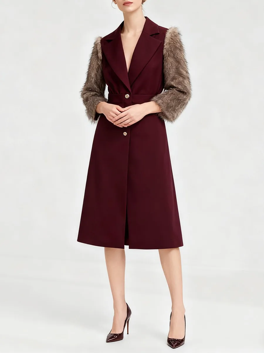 TWOTWINSTYLE Hit Color Spliced Fur Temperament Coats for Women Lapel Long Sleeves Patchwork Single Breasted Coat Female Clothing