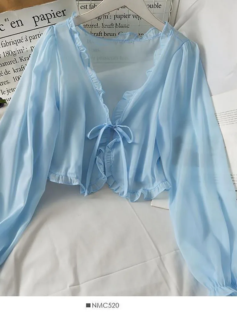 

Женская блузка с коротким узлом-бабочкой на шнуровке, деревянная шаль с ушками, женская летняя свободная универсальная солнцезащитная рубашка с длинными рукавами, блузки