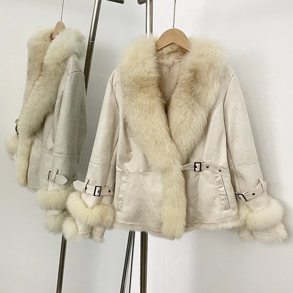 Feminino novo inverno real gola de pele de raposa e punhos roupas curto couro falso pele jaqueta interna feminino grosso casaco quente