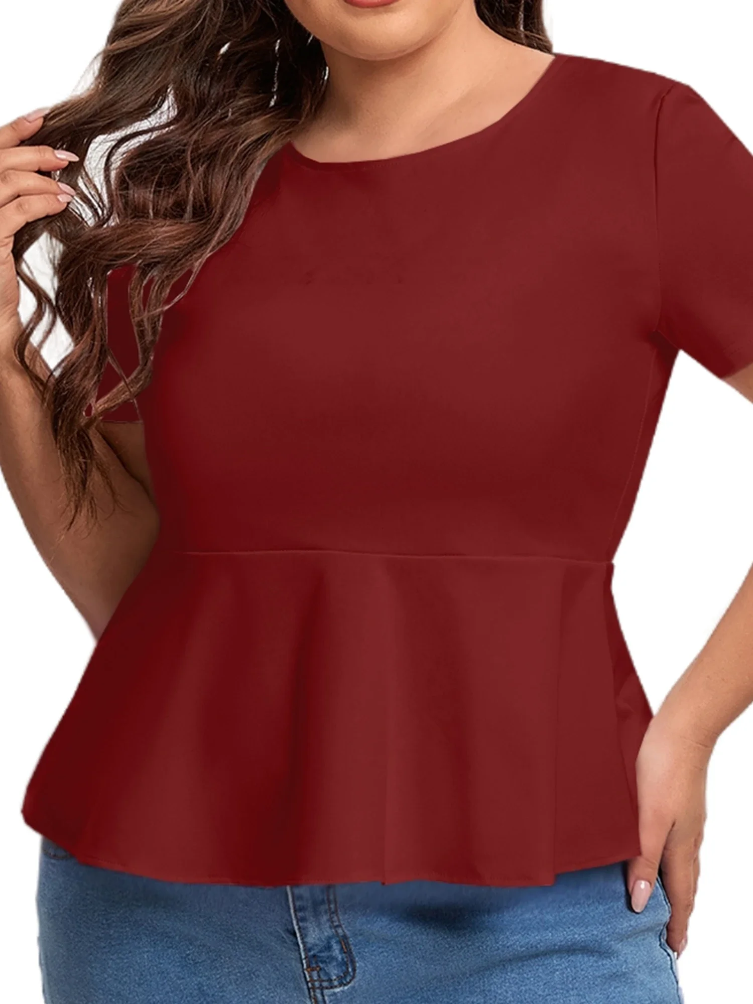 Plus Size Short Sleeve Elegant Summer Peplum Tops Women Keyhole Back Ruffle T-shirt Tee Blouse Plus Size Clothing Women 7XL 8XL