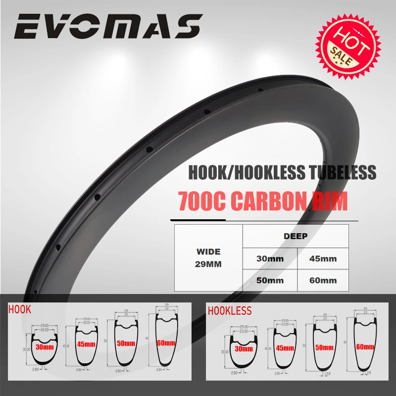 

29mm Width 700C Carbon Rim Road Bike Disc/V Brake Asymmetric Hook/Hookless Tubeless 30/45/50/60mm Depth UD 3K 12K 24H 28H 32H