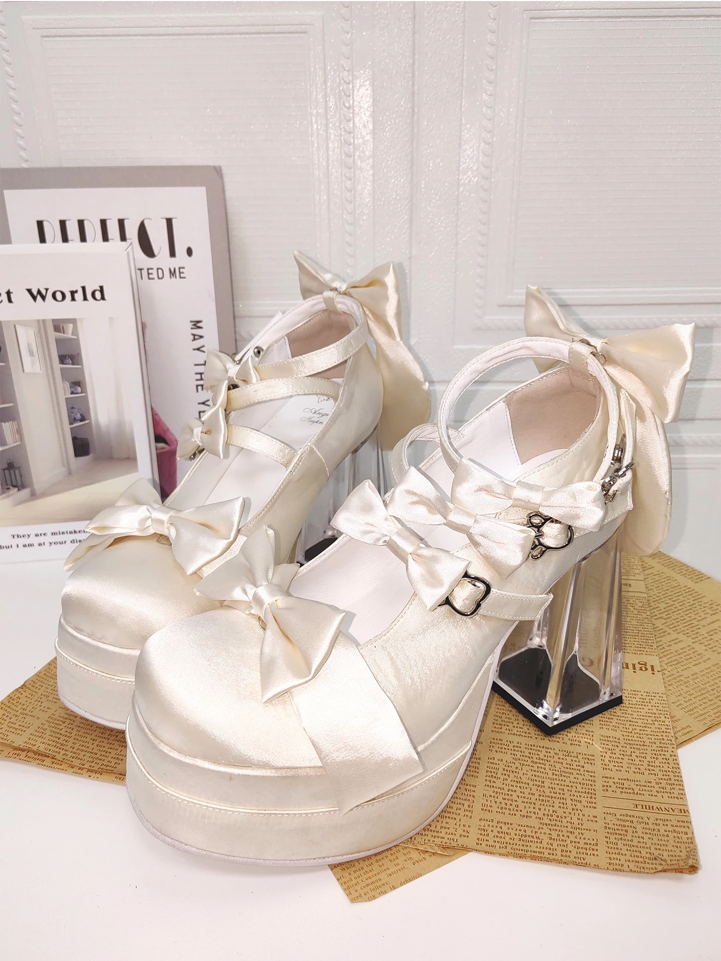 

2025 New Lolita Shoes Round Head High Heels Bow High Heels Japanese Sweet Princess Dress Tea Party Shoes Large Sizes 34-47