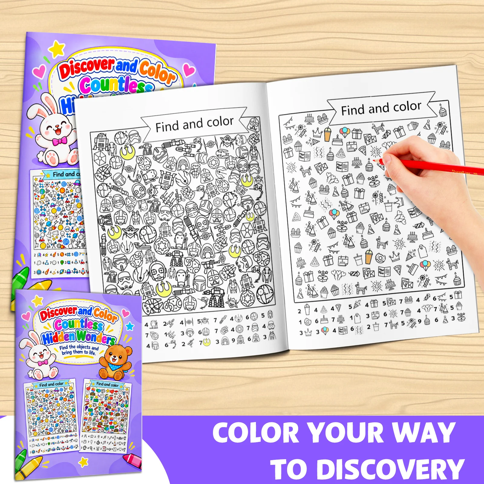 Discover and Color Countless Hidden Wonders Activity Book for Kids, Find and Color Hidden Objects with Visual Search, Counting