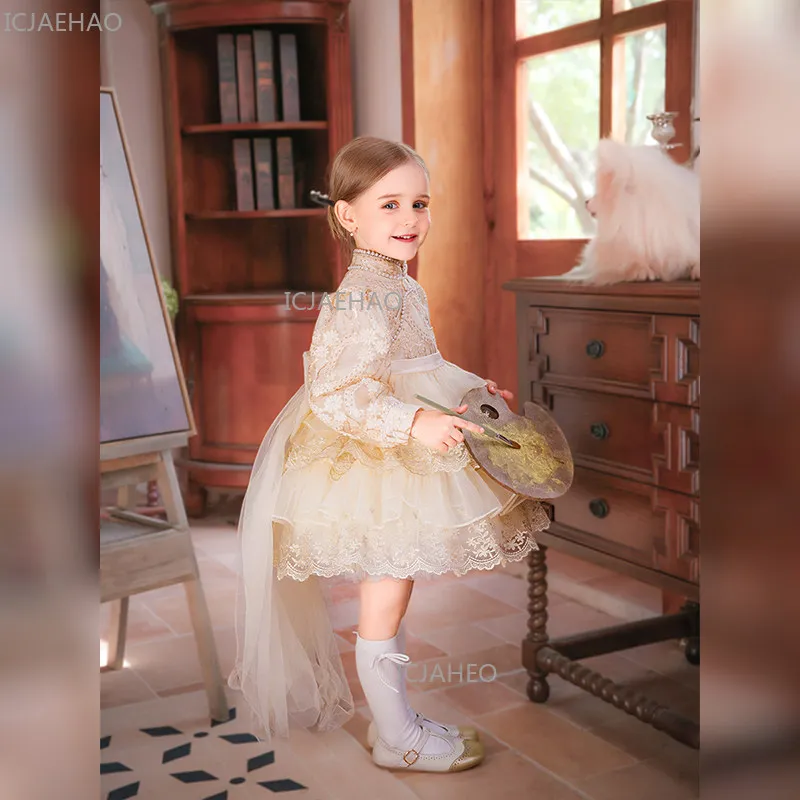 2026 New Chinese Style Baby Girl Lace Lolita Dress Tutu Princess Birthday Party Gown Children Pageant Formal Celebration Outfit