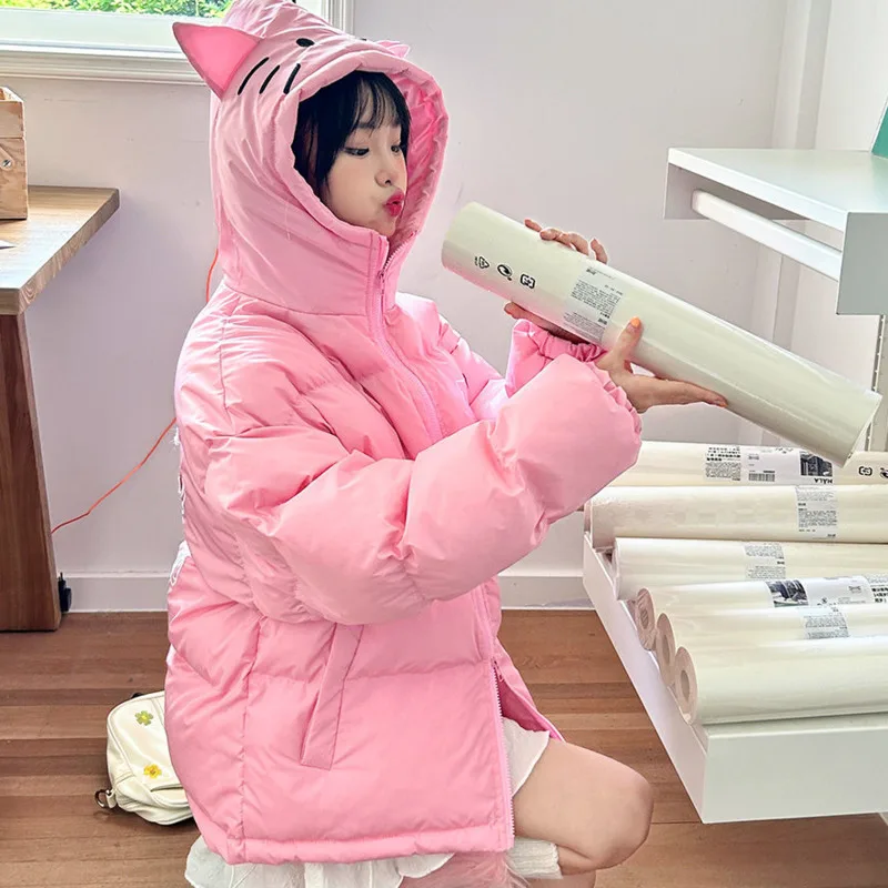 MINISO Hooded Hellokitty Y2k Cotton Coats Girls Kitty Ear Decor Kawaii Zipper Jacket Cute Cartoon Warm Oversized Coats For Women