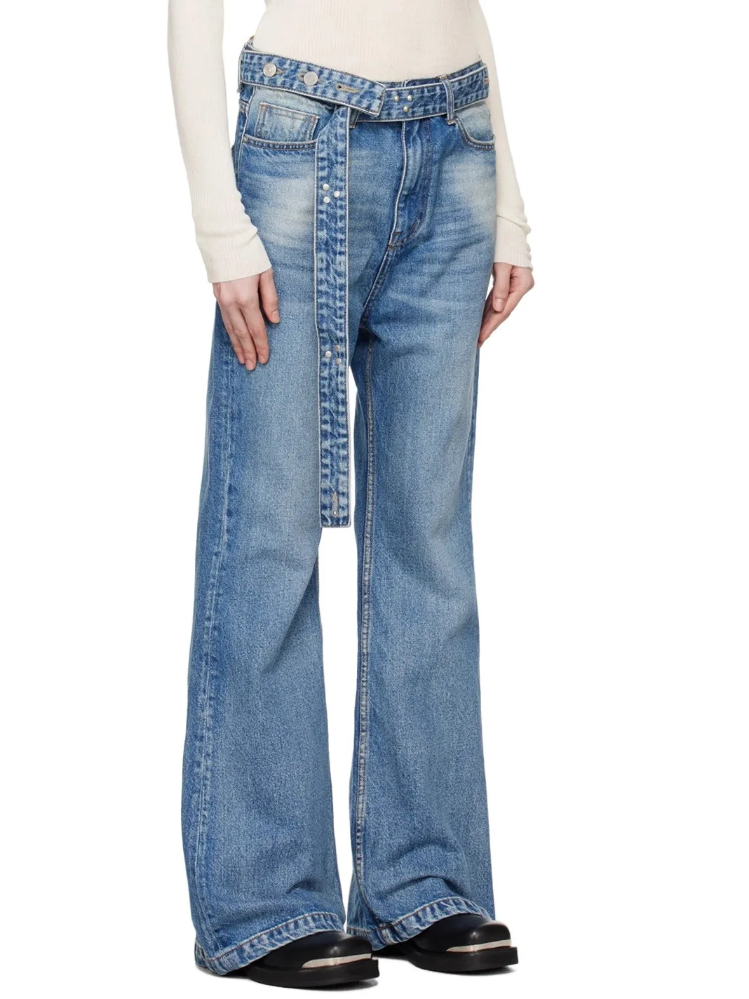 

Брендовые винтажные потертые белые джинсы с низкой талией и поясом, свободные прямые джинсы-колокольчики, женские повседневные широкие брюки