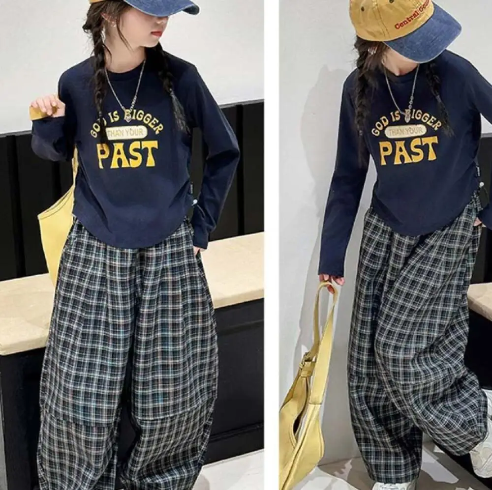 

Kawaii Girl Fashion T-Shirt Tops Checkered Pants Set Student Autumn Casual Sweatshirt Long Pants 2-Piece Set Children's Clothing