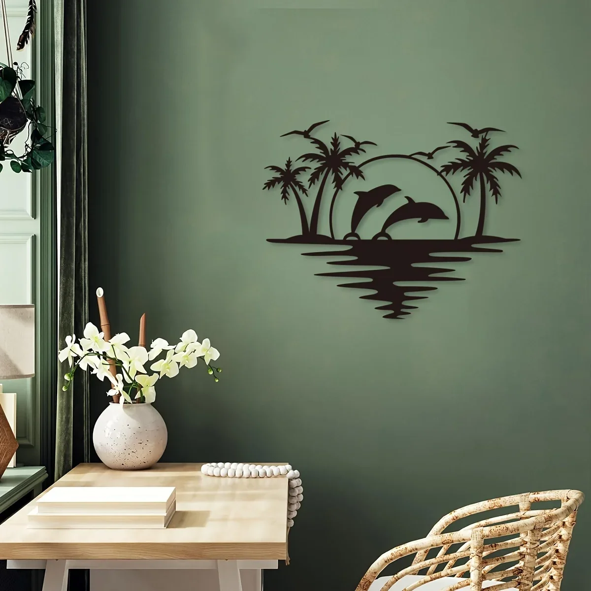 Creative Dolphin Coconut Tree Beach Iron Indoor Outdoor Crafts Decoration, Great for Living Room Bedroom, Hallway,Wall Sticker
