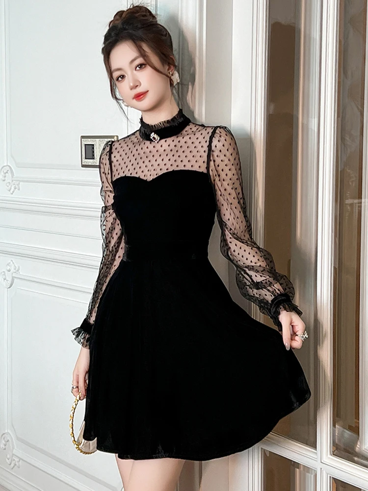 Women Clothes Fashion Black Velvet Sheer Sexy Puff Sleeve Slim A-Line Short Dress Elegant Ladies Vintage Party Prom Vestidos New