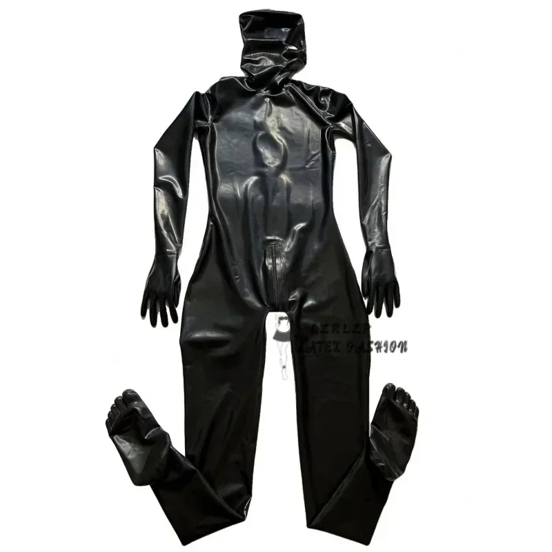 

Black Latex Catsuit Rubber Coverall Zentai Bodysuit With Hood Gloves Toe Socks