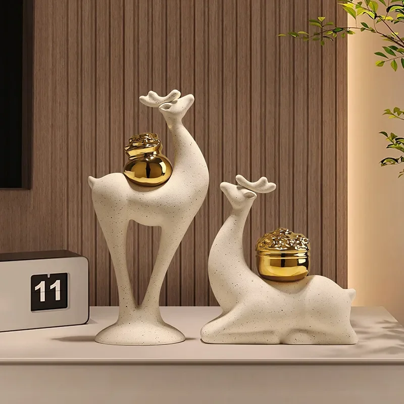 New Chinese Style Creative Elk Pair Ceramic Ornaments Home Housewarming Indoor Living Room Desktop Soft Decoration