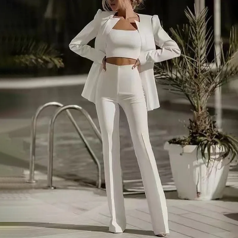 Three Piece Sets Women Full Sleeve Coats Blazer Strapless Long Pants Suits Solid High Waist Trousers Elegant Office Lady