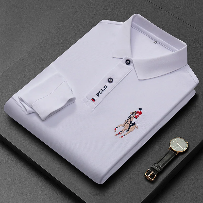 2023 New Fashion Embroidery Men's Long Sleeve POLO Shirt Solid Color Lapel Business Casual Men's Long Sleeve POLO Shirt