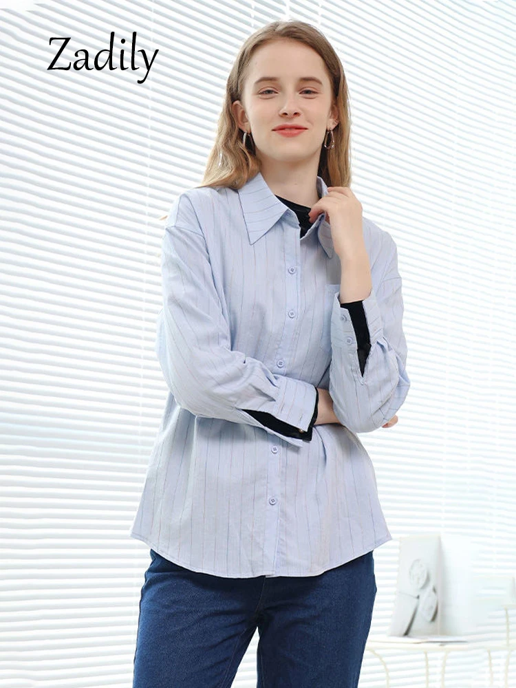 Zadily 2024 Spring Office Lady Long Sleeve Women Basic Striped Shirt Minimalist Button Up Ladies Work Shirts Female Blouse Tops