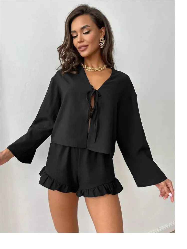 Fashion Top And Ruffle Shorts Sets Elastic Waist Shorts Two Piece Set Solid Cardigan Top Cusual Women Suit 100% Cotton Pajamas