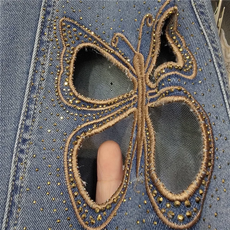 2025 summer new heavy industry hot diamond hollow butterfly jeans women's high waist versatile temperament mopping pants