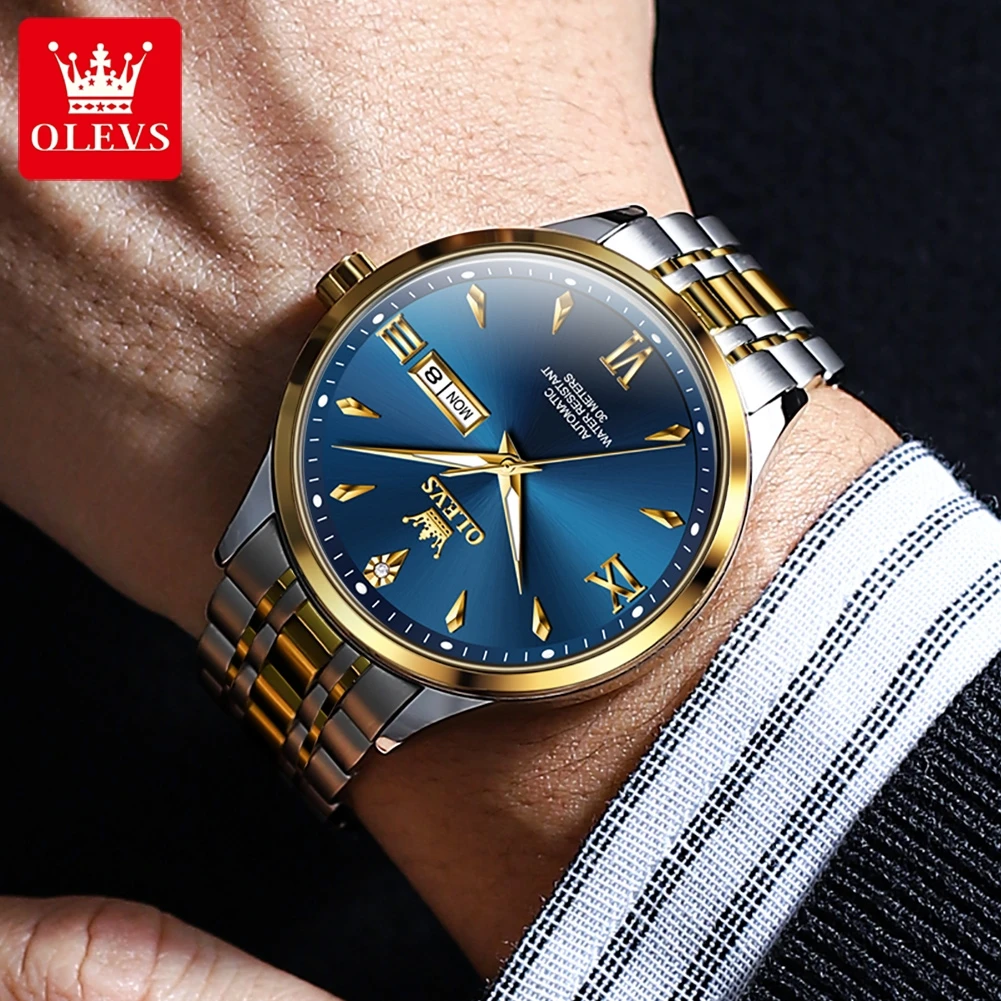 OLEVS 9956 Men\'s Watch Fashion Business Waterproof Luminous Date Week Display Automatic Mechanical Watch Luxury Gold Men\'s Watch