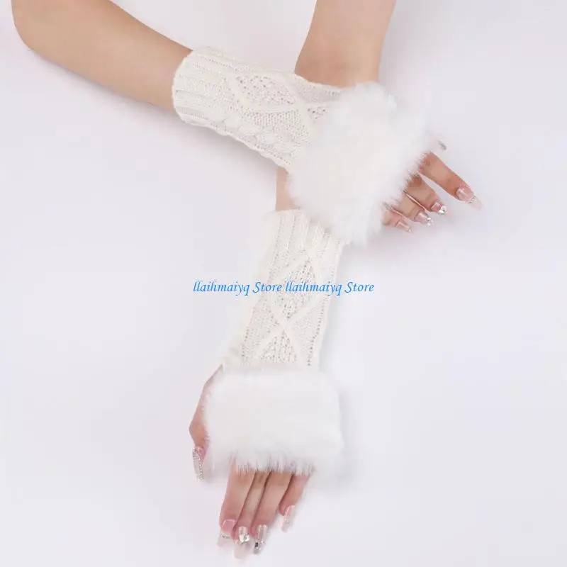 

573B Stylish Fingerless Arm Sleeves Rhombic Pattern Elegant Knitted Gloves for Women