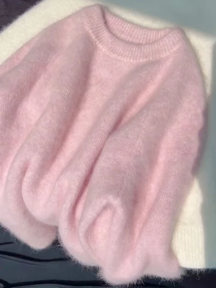 

Pink Knitted Mouton Sweater Women's Loose Fit Soft Cozy Autumn Winter New Sle Sweet Sle Faionable round Ne Long Sve